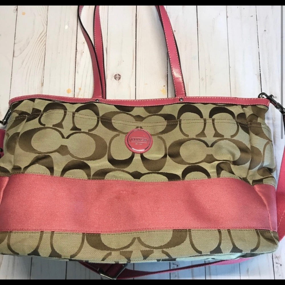Coach Signature Multifunction Diaper Pink/Khaki Canvas/Patent Leather Diaper Bag